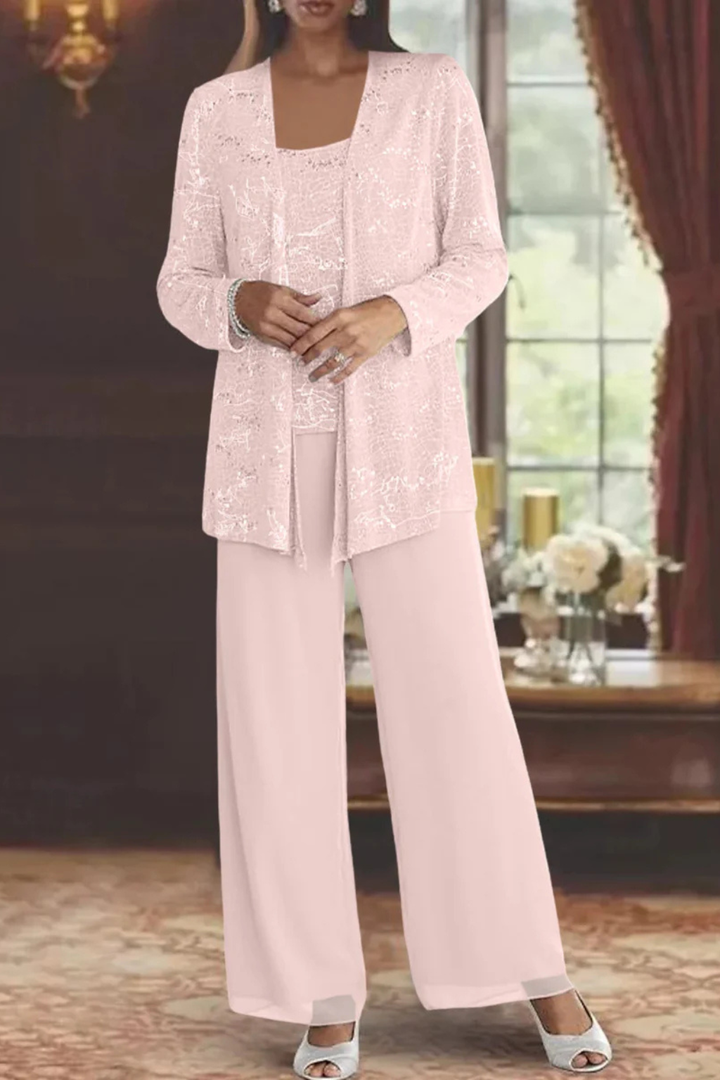 Versatile women's sequin wide-leg 3-piece suit, an elegant option for formal occasions & parties.
