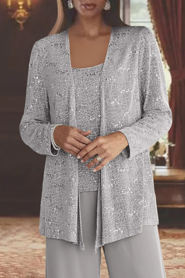 Stylish women's wide-leg sequin suit set. An elegant 3-piece formal outfit for wedding guests.