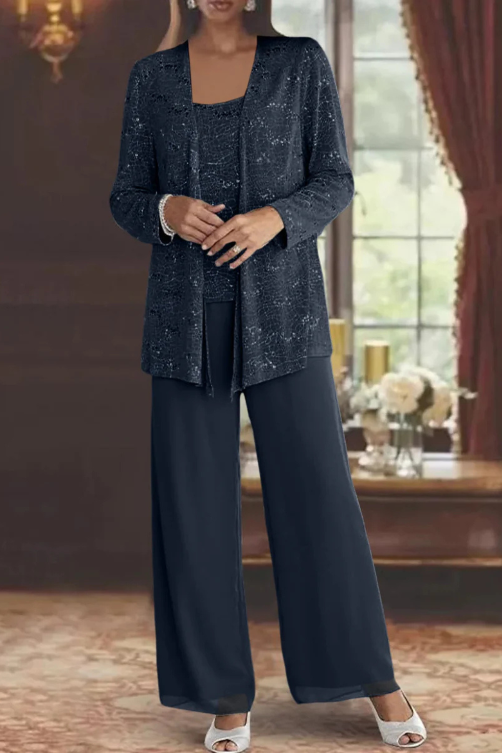 Sparkling women's evening wear: a luxurious 3-piece sequin suit with chic wide-leg pants.