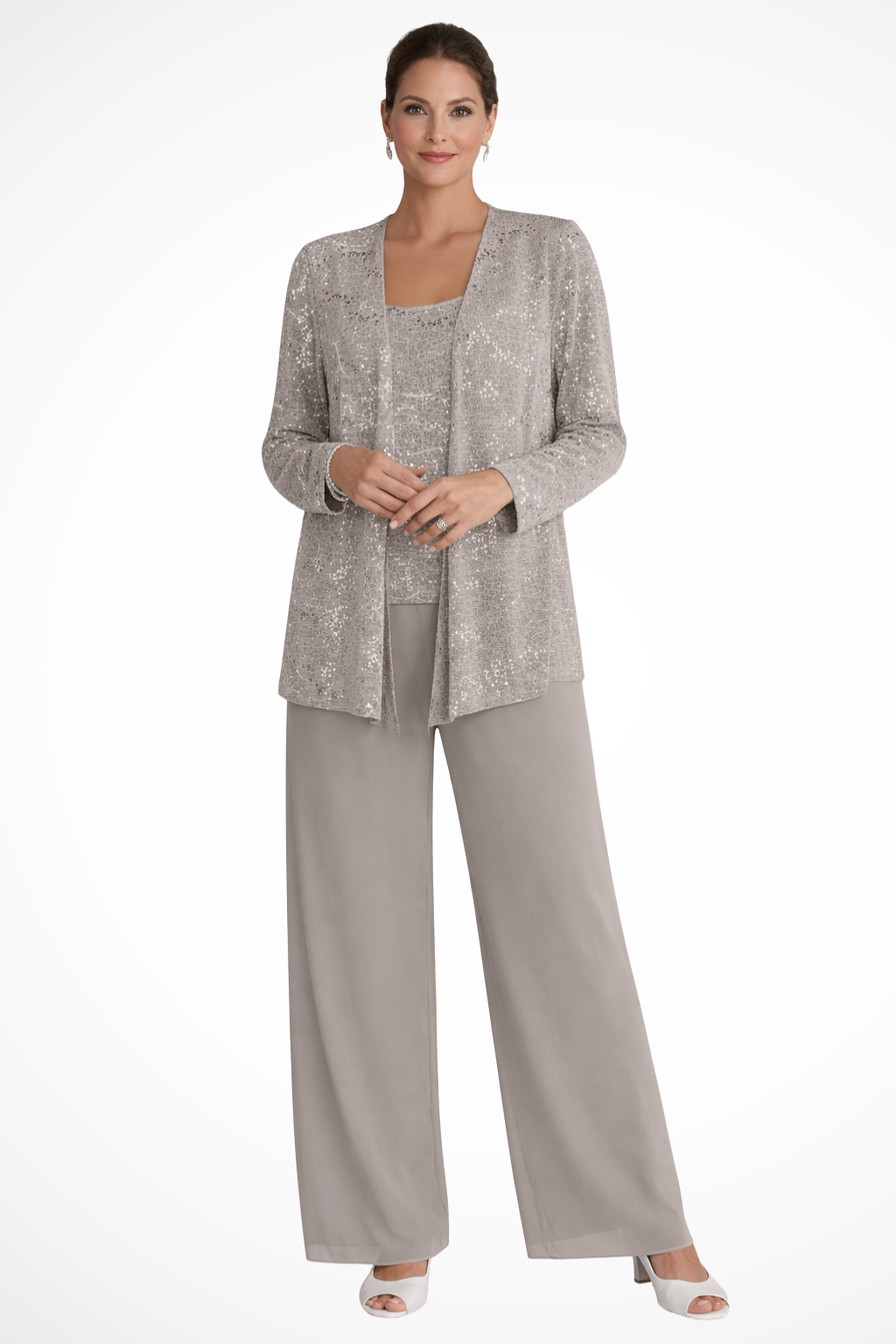 Women's formal wide-leg suit with sequin detail. This elegant 3-piece set is perfect for parties.