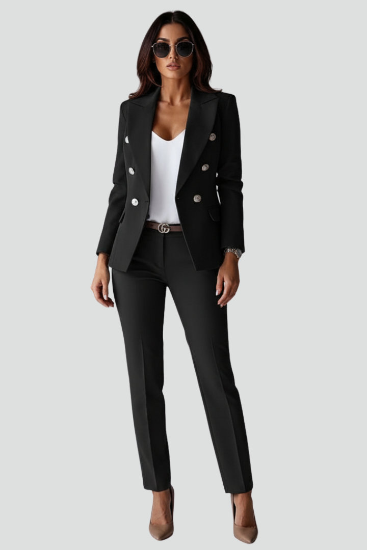 Professional women's double-breasted blazer, tailored for elegant business & formal fashion.