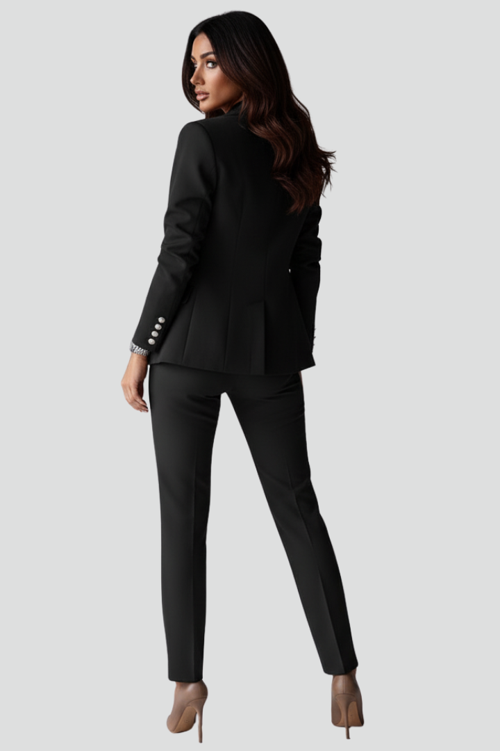 Tailored women's suit set, featuring a professional blazer & straight trousers for elegant formal wear.