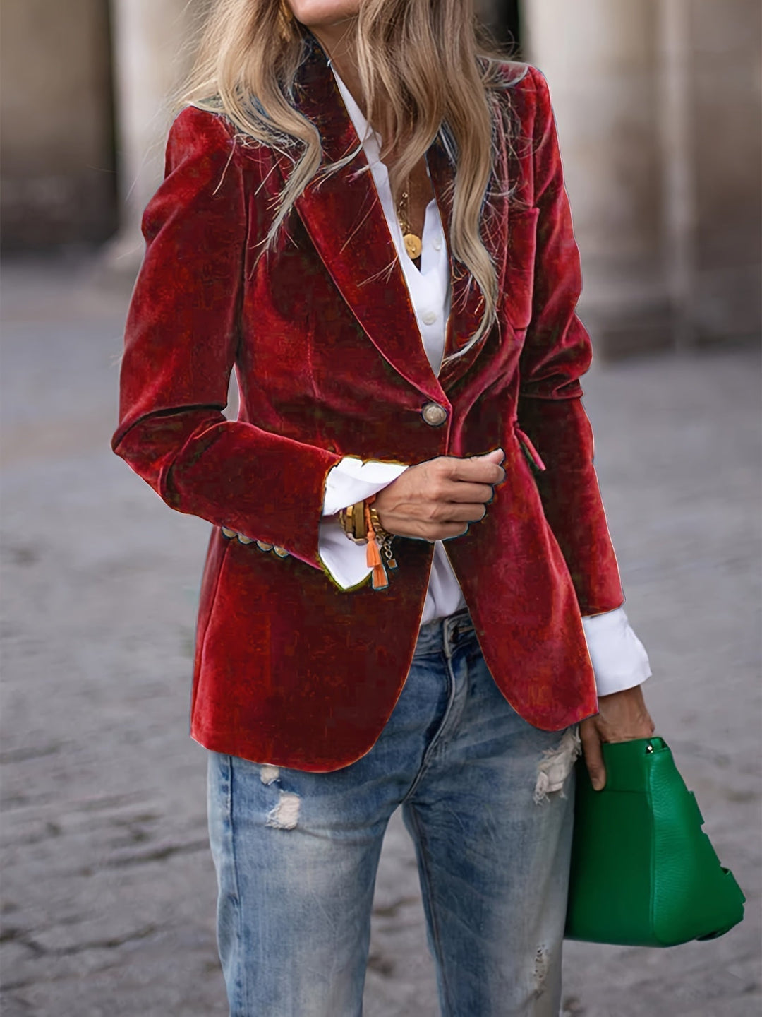 Women's tailored velvet blazer, a long sleeve jacket featuring elegant gold buttons for a polished look.