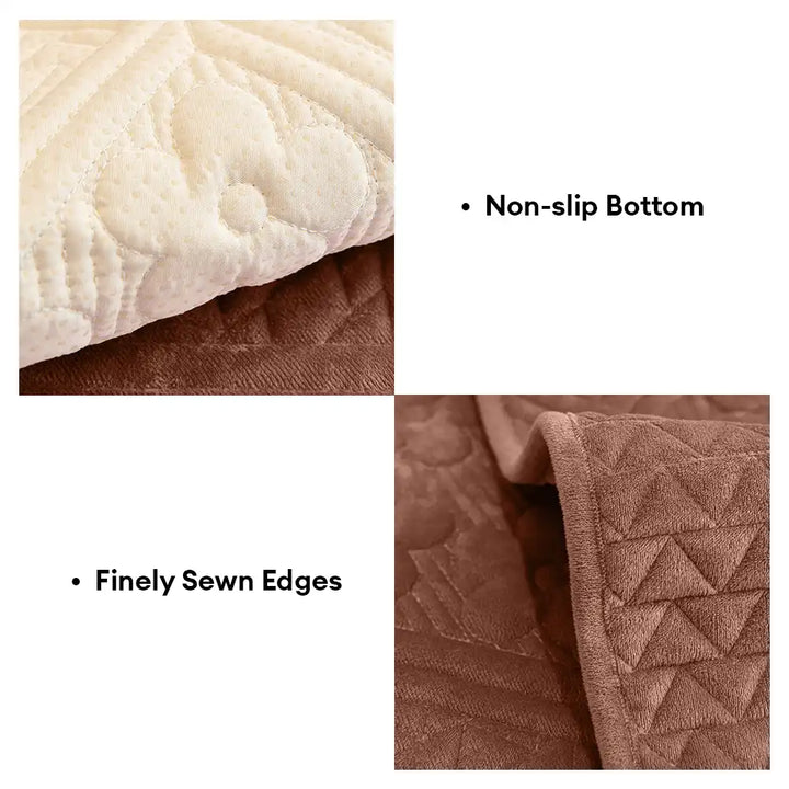 Sectional sofa covered with a plush, non-slip, embossed geometric protector for home decor and pets.
