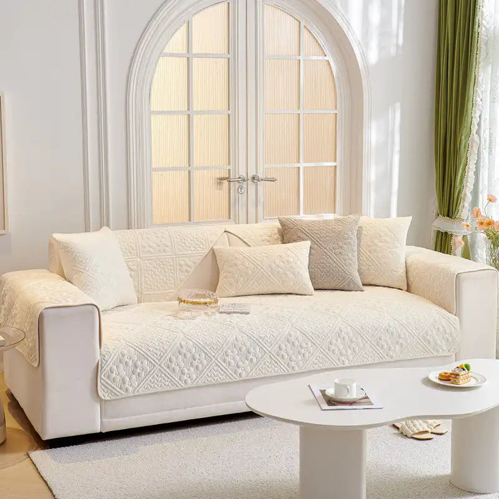 Brown embossed geometric non-slip sofa cover, designed for maximum furniture protection and style.