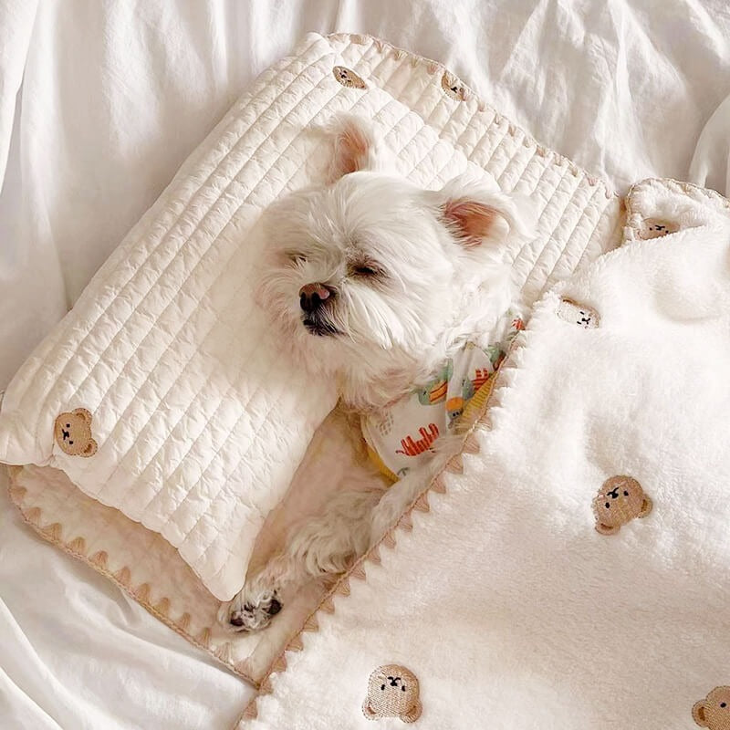 Luxury pet bed set: embroidered cotton dog bed, waterproof pet quilt, and supportive pet pillow