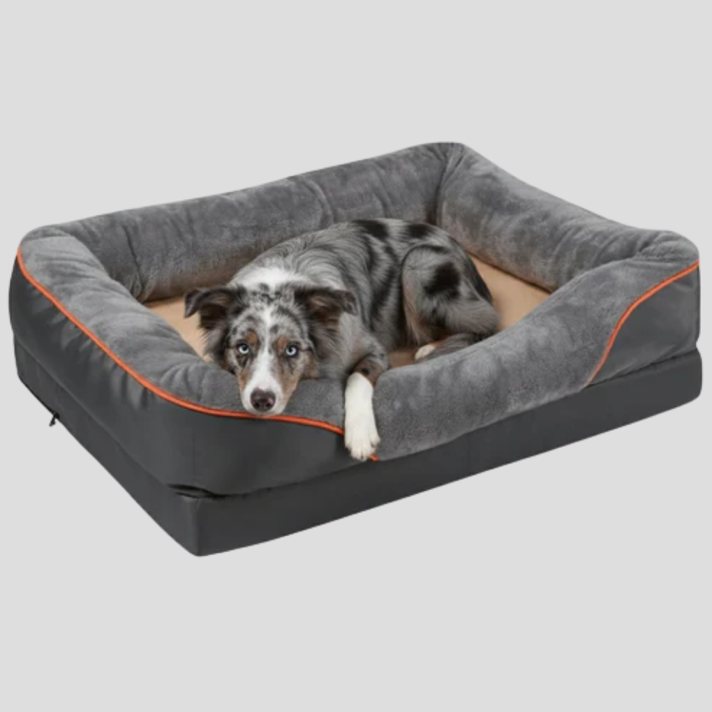 Comfortable large dog bed with memory foam, soft bolster, washable cover, and non-slip bottom for pets.