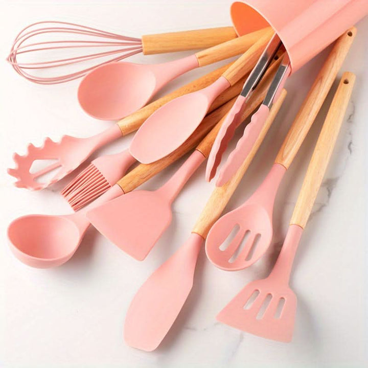 Full 12-piece silicone kitchen tool assortment, heat resistant, non-scratch for all pots and pans, easy clean.