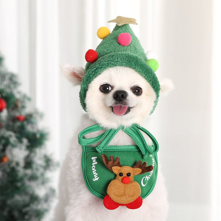 Christmas dog pet costume: includes a red bathing hat and a holiday-themed bib for pets.