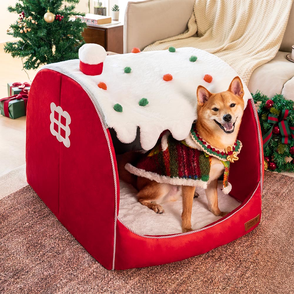 Festive Snow House Orthopedic Dog Bed, holiday themed, comfortable and supportive pet bed