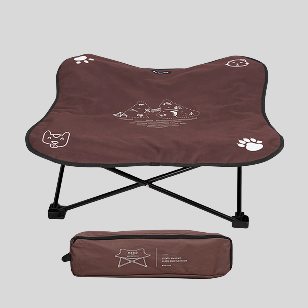 New4 cat or dog elevated bed, folding design, gray fabric, with study metal frame suitable for indoor/outdoor use.
