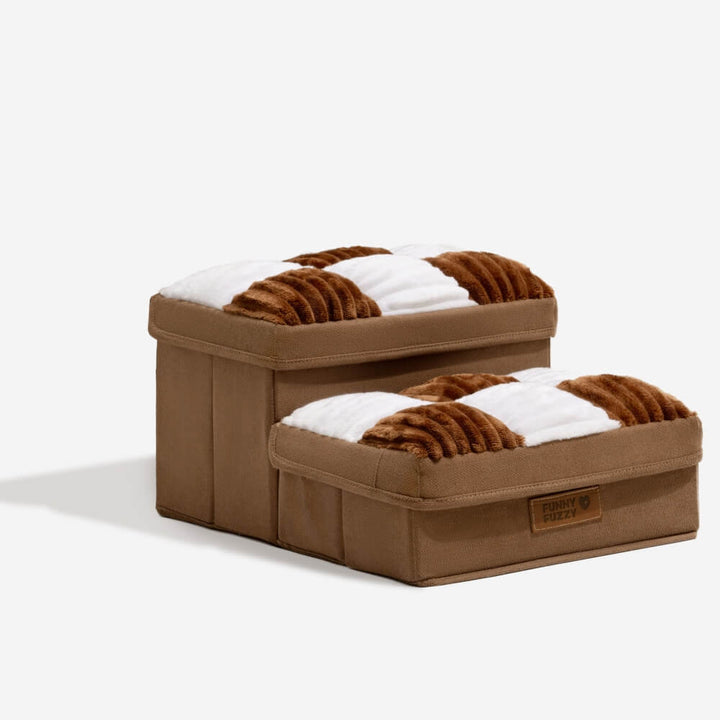 Pet steps with storage in a living room, blending dog furniture with home decor for small pets.