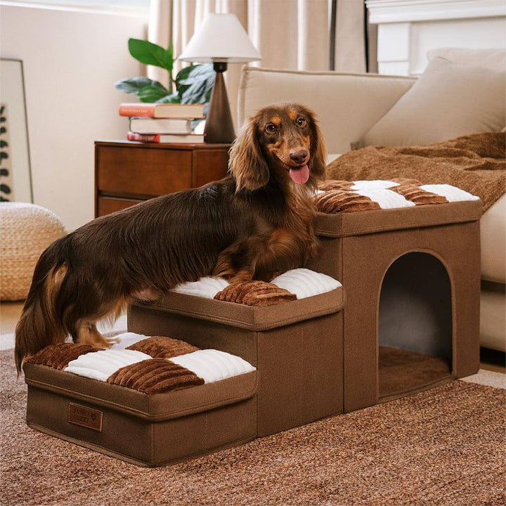 Side view of foldable pet stairs with storage, illustrating sturdy construction for small pets.
