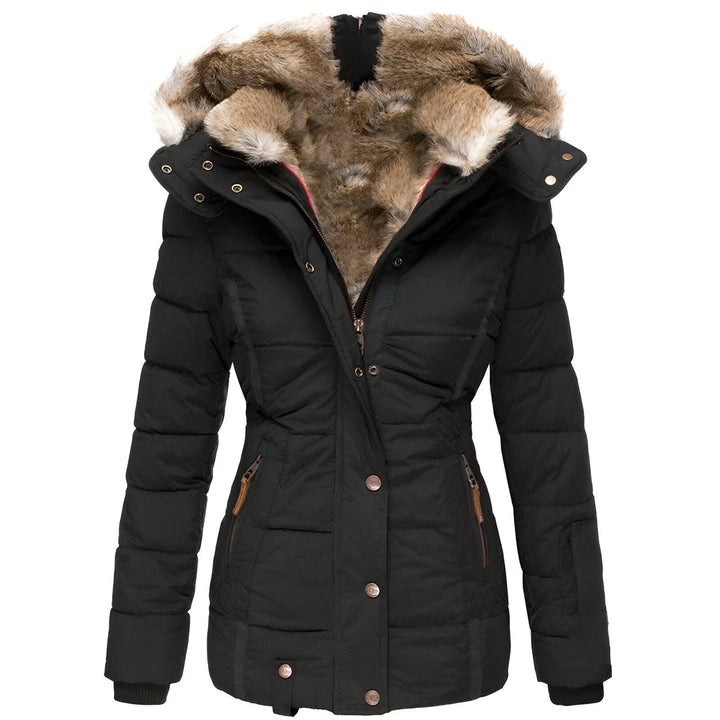 Women's Valenza quilted puffer jacket with hood. Stylish & warm winter outerwear for cold weather.