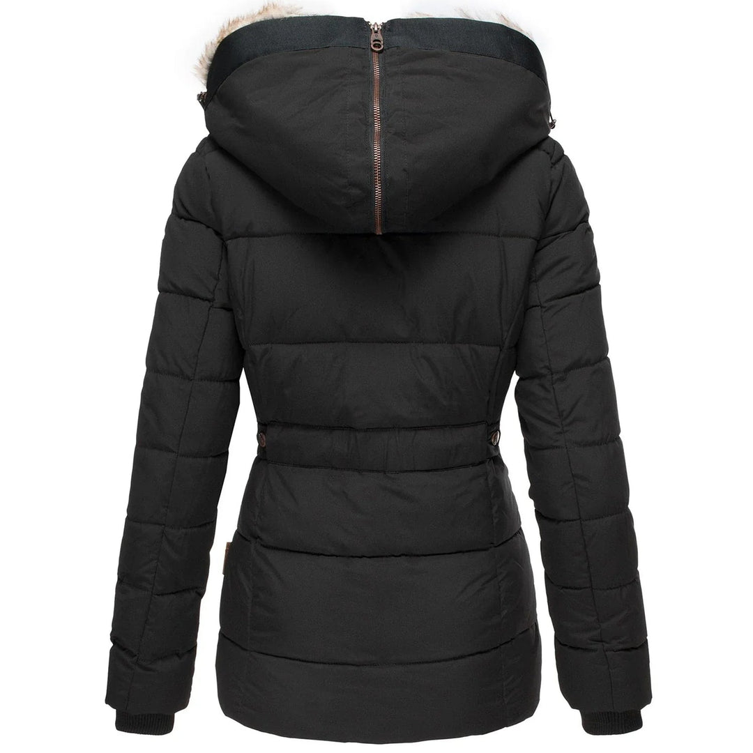 Valenza women's hooded quilted puffer jacket, a luxurious winter coat for elegant cold weather fashion.