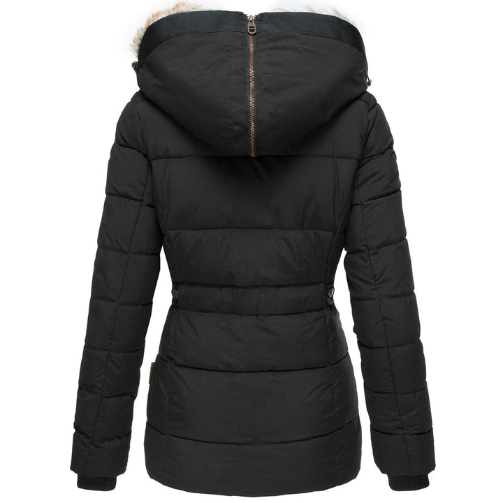 Valenza women's hooded quilted puffer jacket, a luxurious winter coat for elegant cold weather fashion.