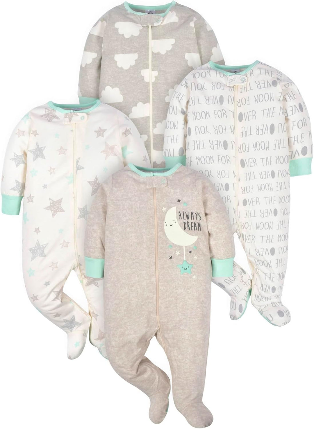 Snug Gerber baby sleepsuit for boys with integrated feet, featuring a cute animal print.