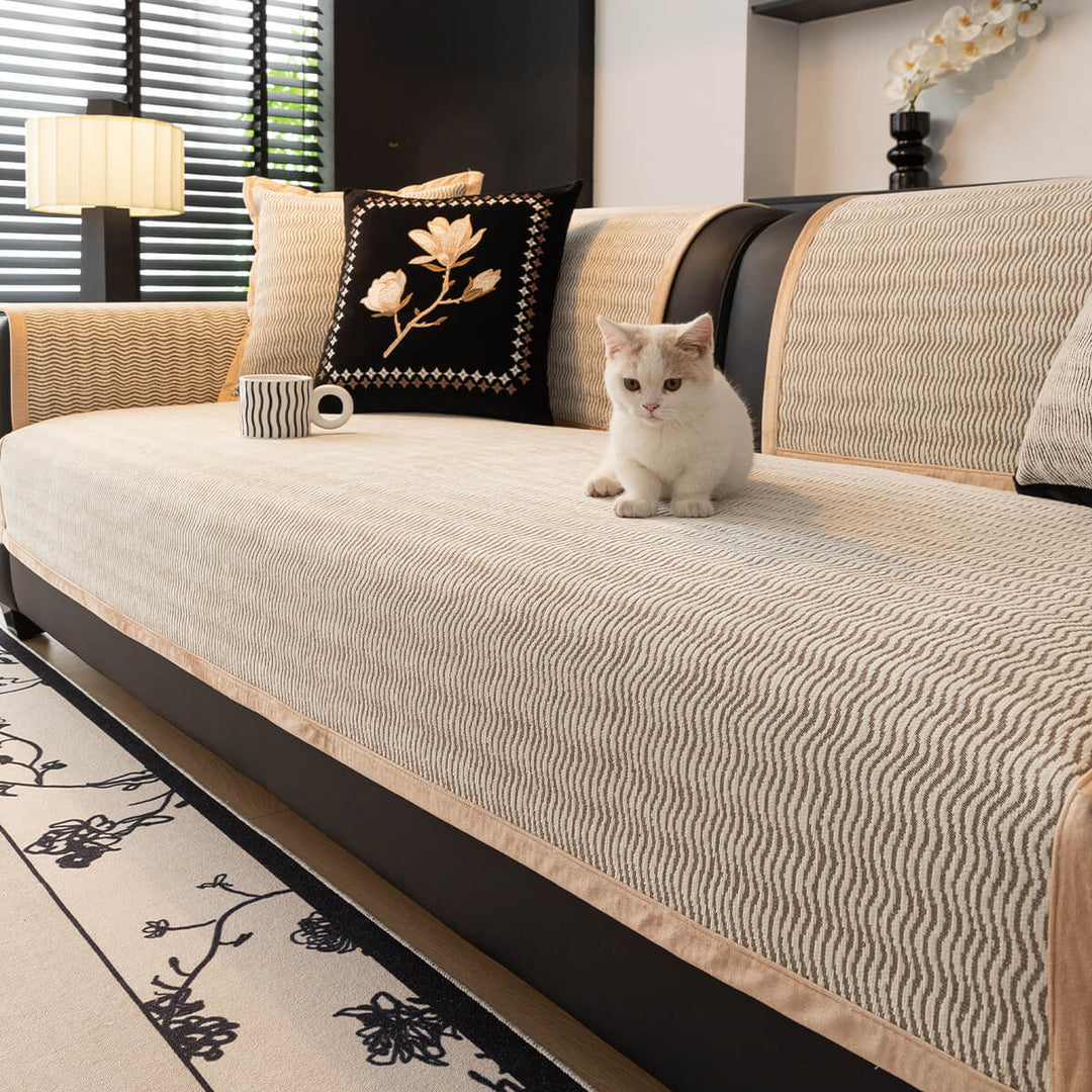 Full view of a brown chenille sofa cover, offering non-slip pet protection and durable furniture decor.