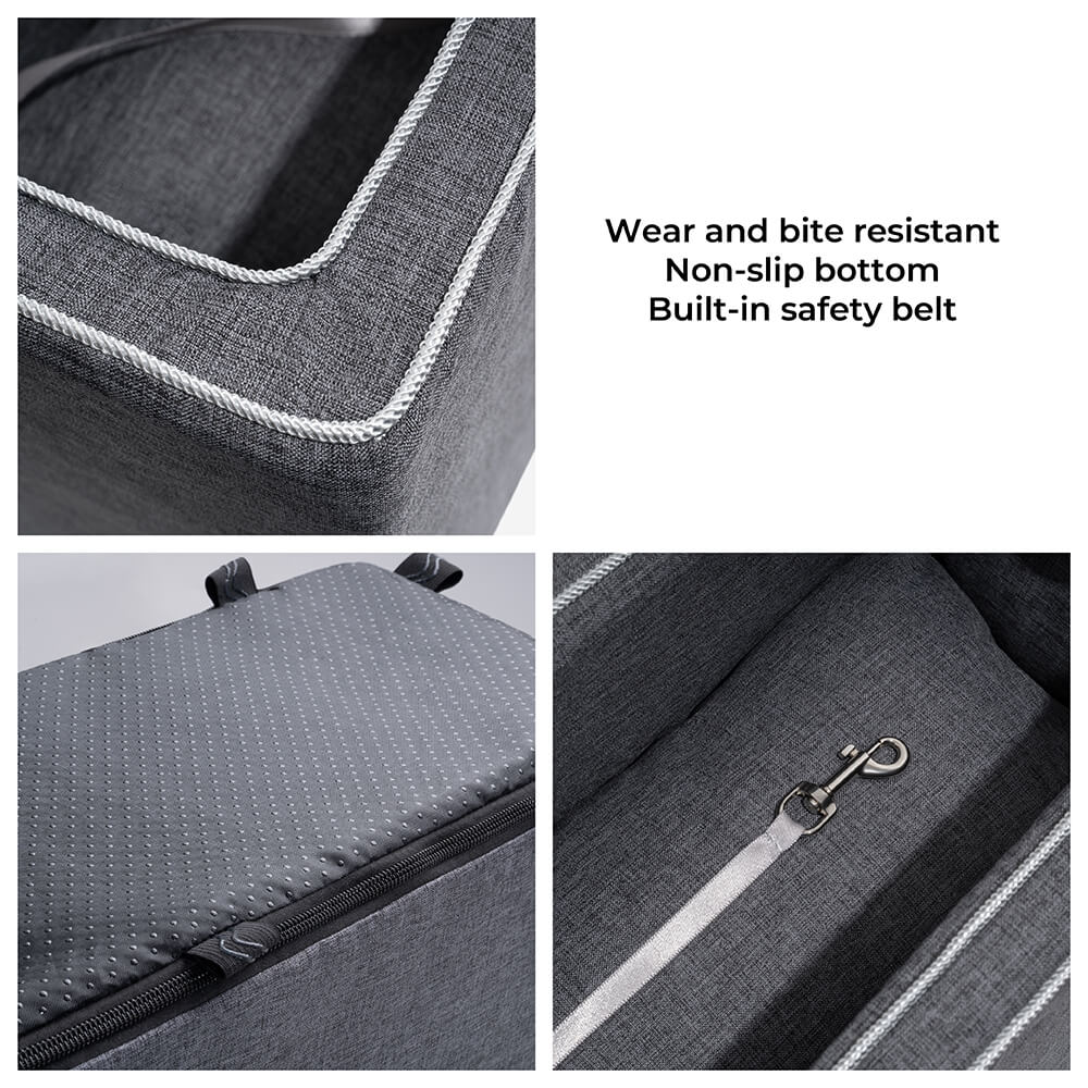 Close-up of the luxurious suede fabric on a machine washable dog car seat.