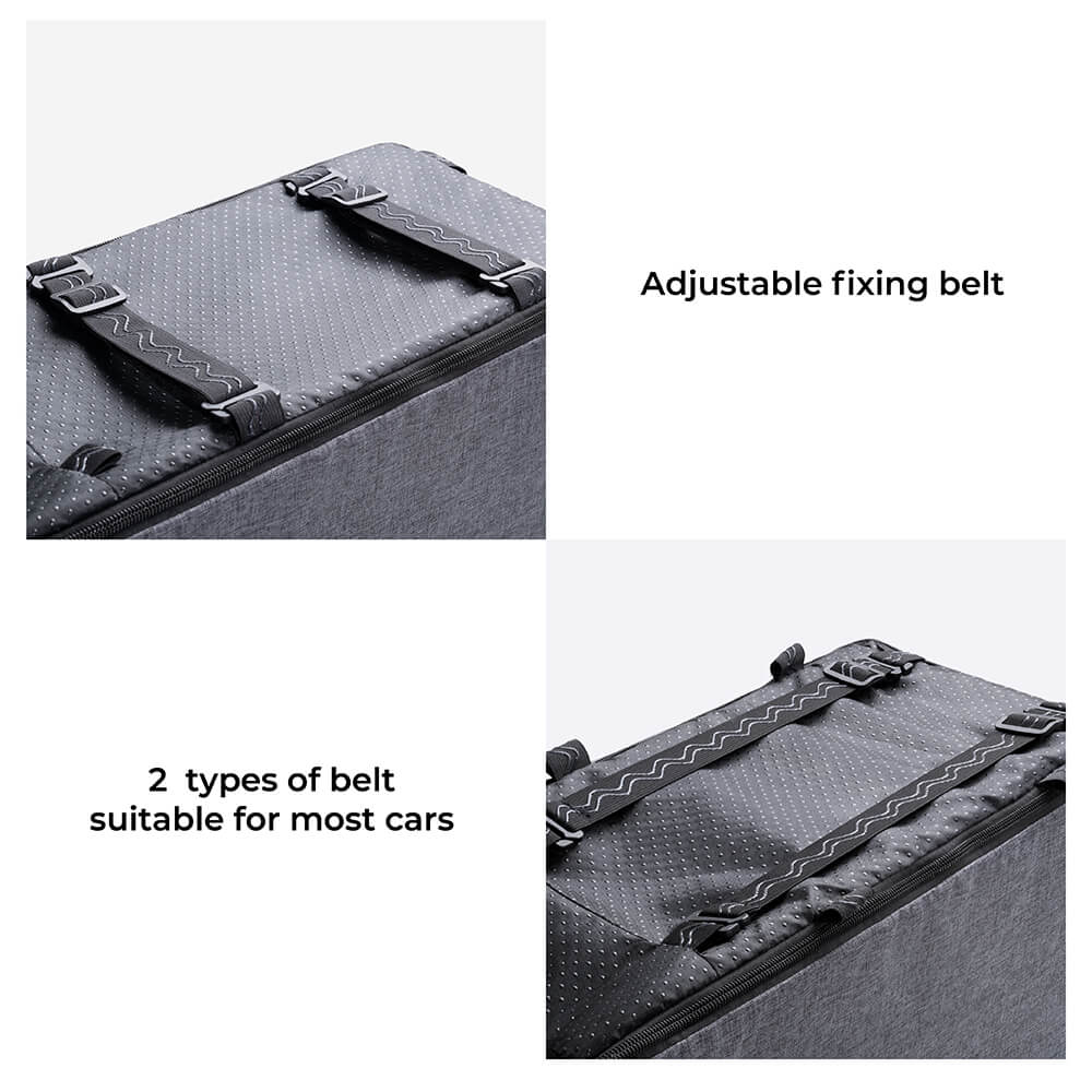 Pet safety: Dog car seat designed for console use, grey suede finish.