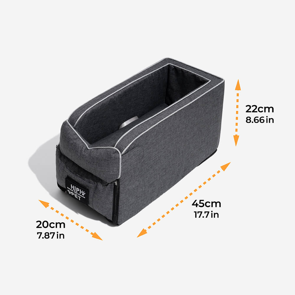 Adjustable straps on a grey suede dog console car seat for pet safety