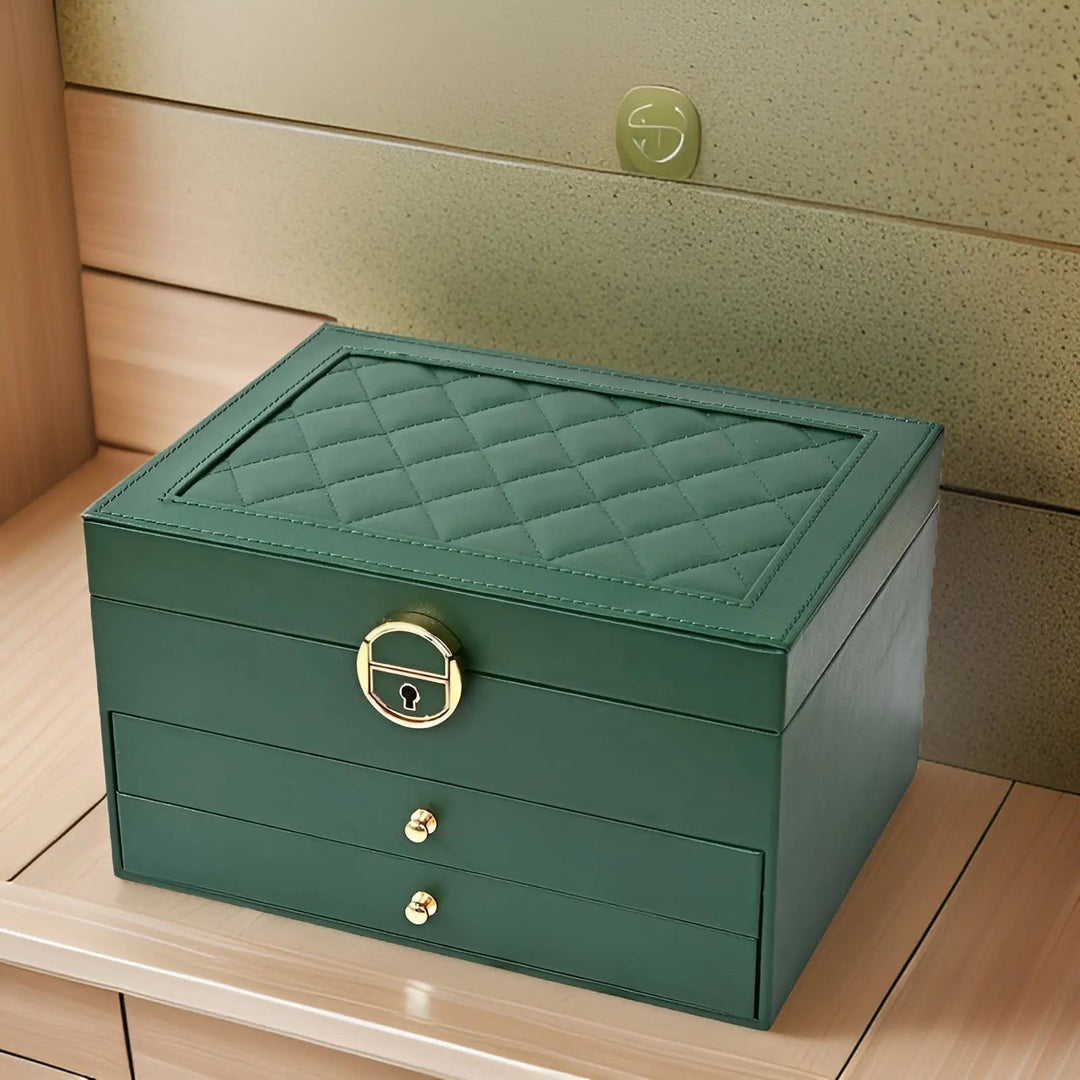 Elegant multi-tier faux leather jewelry organizer storage box, perfect gift for women.