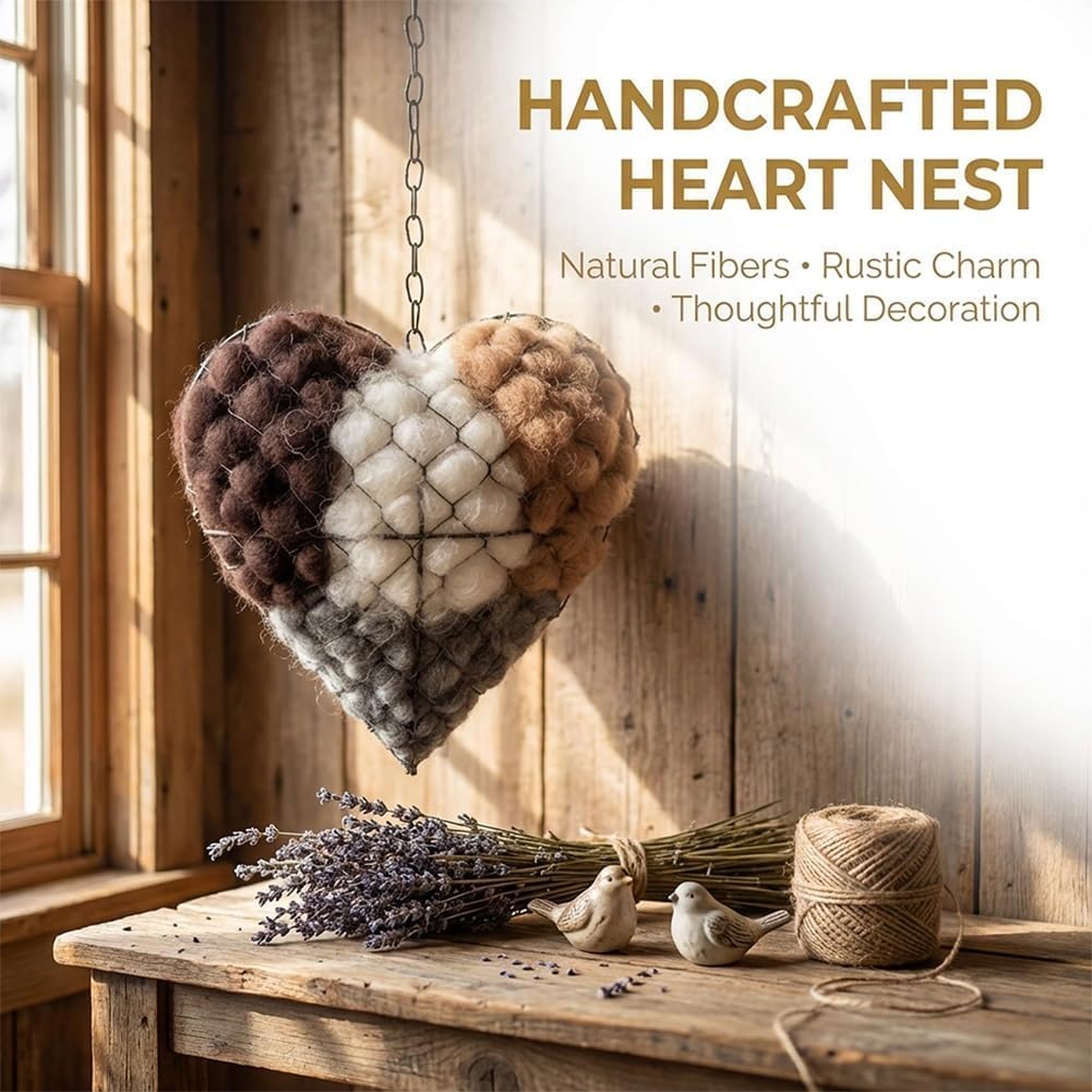 Eco-friendly alpaca fiber nesting heart, providing warmth for garden birds.
