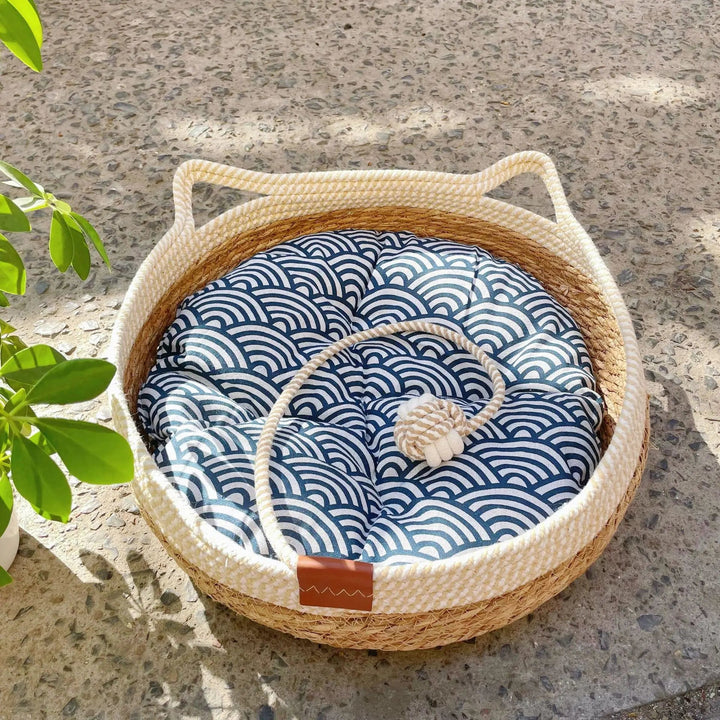 Wicker pet nest for cats & dogs, round shape, breathable cotton, neutral aesthetic.