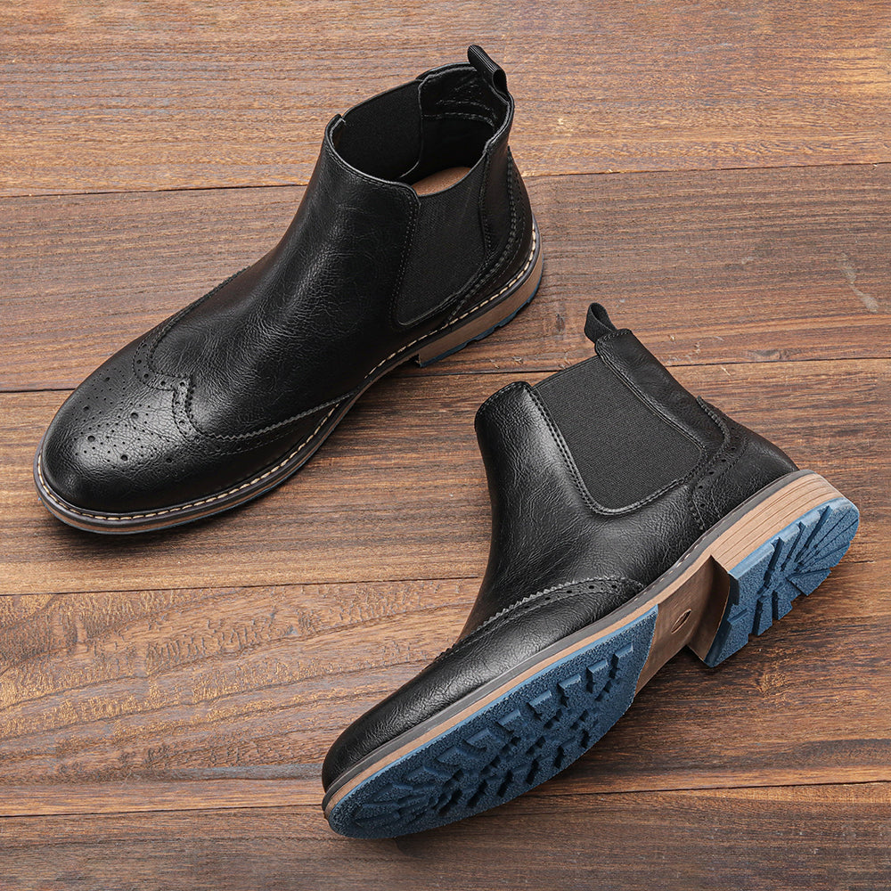 Durable men's casual boots, Chelsea style, cushioned footbed for comfort, and a distinctive blue outsole.