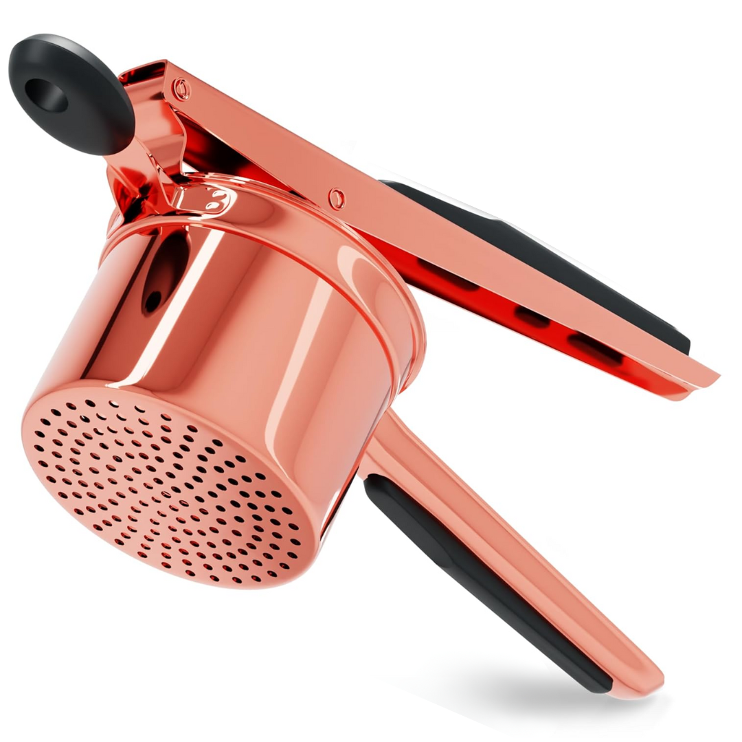 Durable stainless steel potato masher, a heavy-duty kitchen utensil for efficient home food prep.