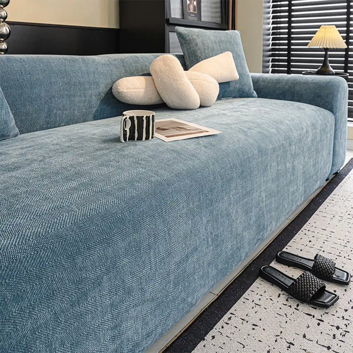 Premium chenille sofa cover with herringbone pattern, machine washable and cozy