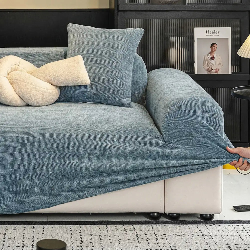 Machine washable herringbone chenille couch slipcover, ideal for modern homes