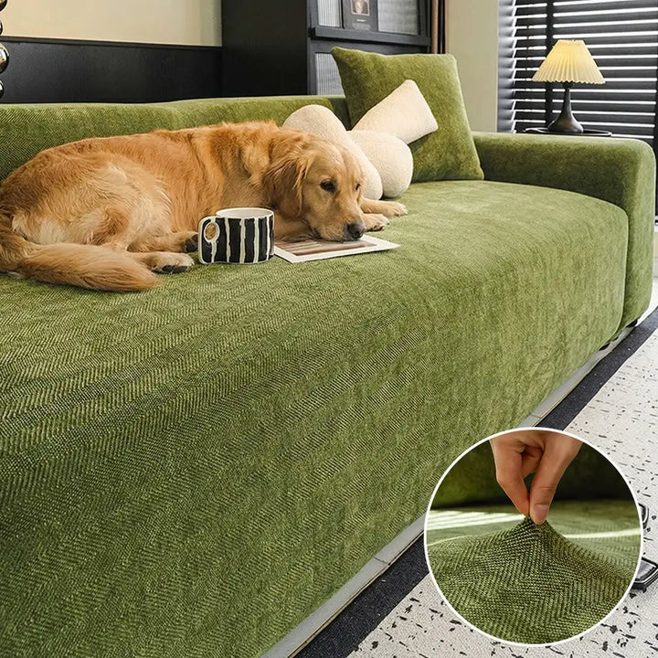 Herringbone chenille sofa cover with pet protection, natural color, on a three-seater couch