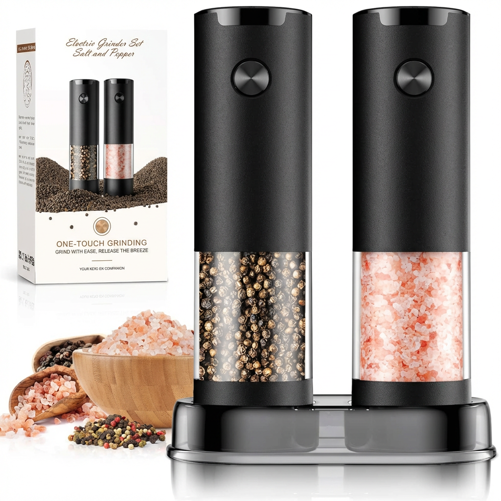 Electric salt & pepper grinder set with adjustable coarseness and LED light for easy seasoning.