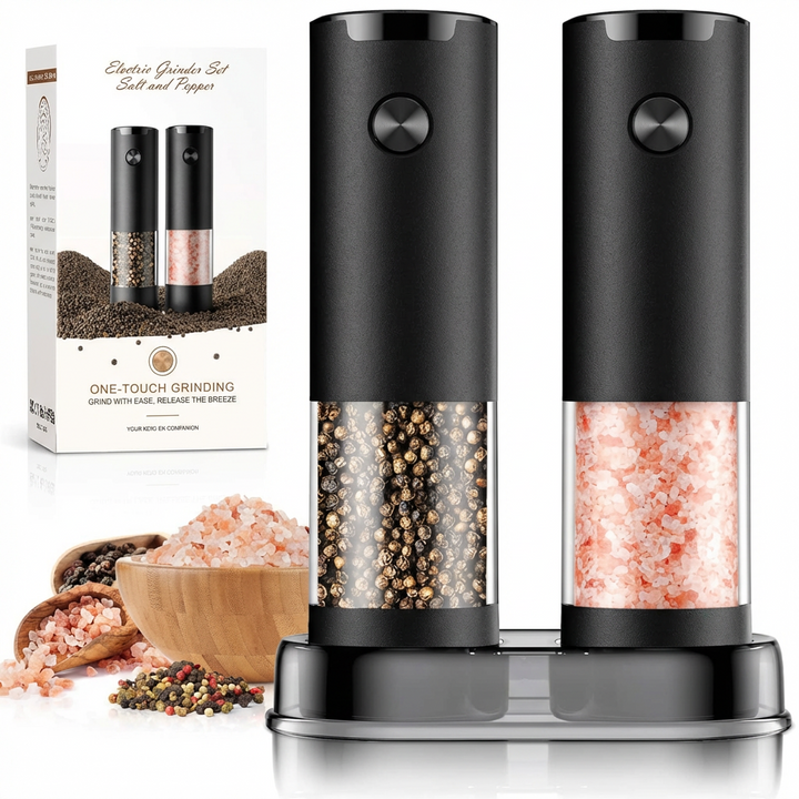 Electric salt & pepper grinder set with adjustable coarseness and LED light for easy seasoning.