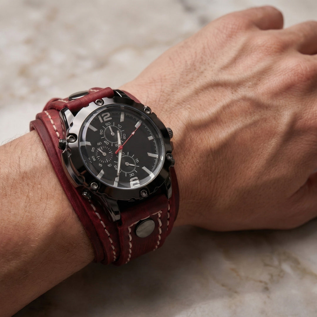 Oversized men's vintage watch with a genuine leather band. Features a bold dial and quartz movement for casual wear.
