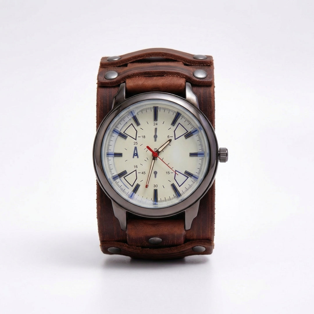 Rugged men's oversized vintage leather watch. Brown strap, classic dial, perfect for casual or street style.