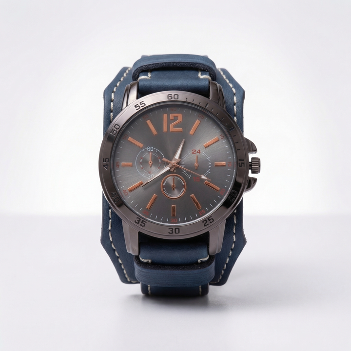 Men's oversized vintage watch with a dark brown leather strap. Casual, rugged, and punk street style.