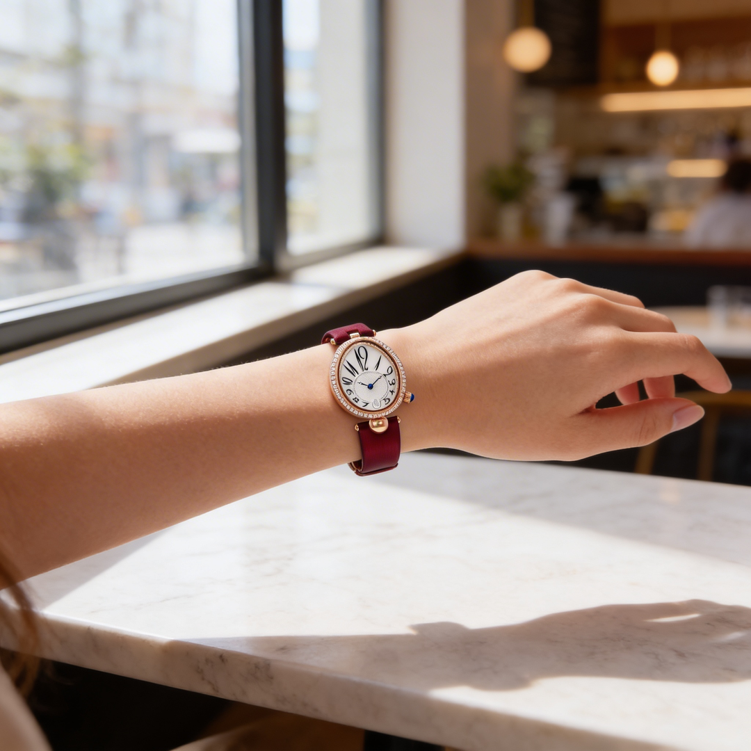 Women's sophisticated oval dial quartz watch with a durable leather strap, combining elegance with practical design.