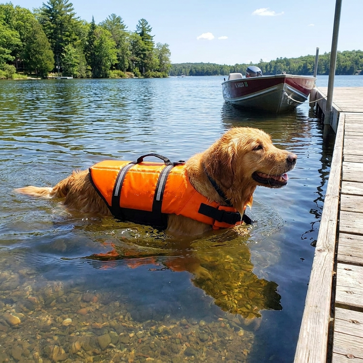 Orange dog life jacket with adjustable straps & rescue handle, ensuring pet safety during water adventures.