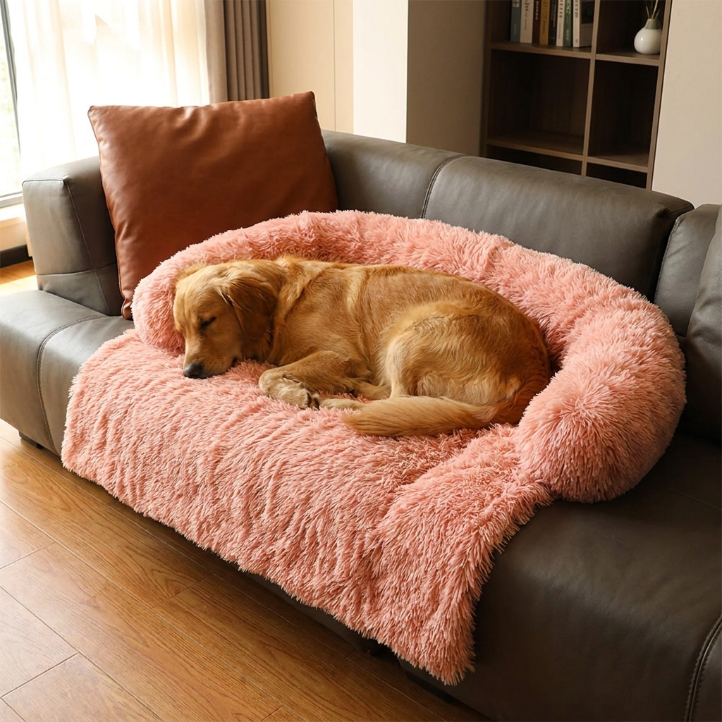 Dark gray calming dog sofa bed with raised edges for anti-anxiety support, comfortable and machine washable.
