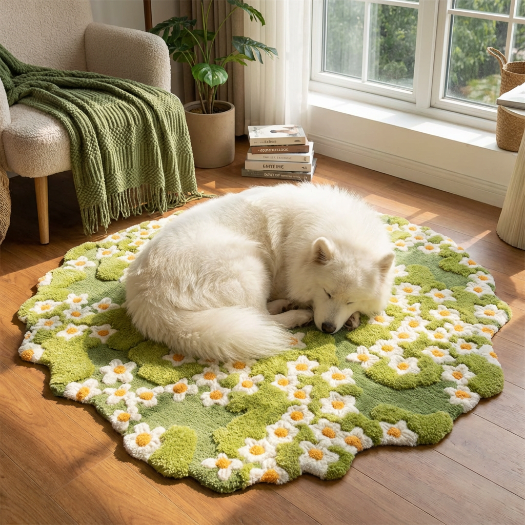 Handcrafted nature-inspired daisy pet rug, a round decorative floor mat for spring home comfort. Animal friendly.