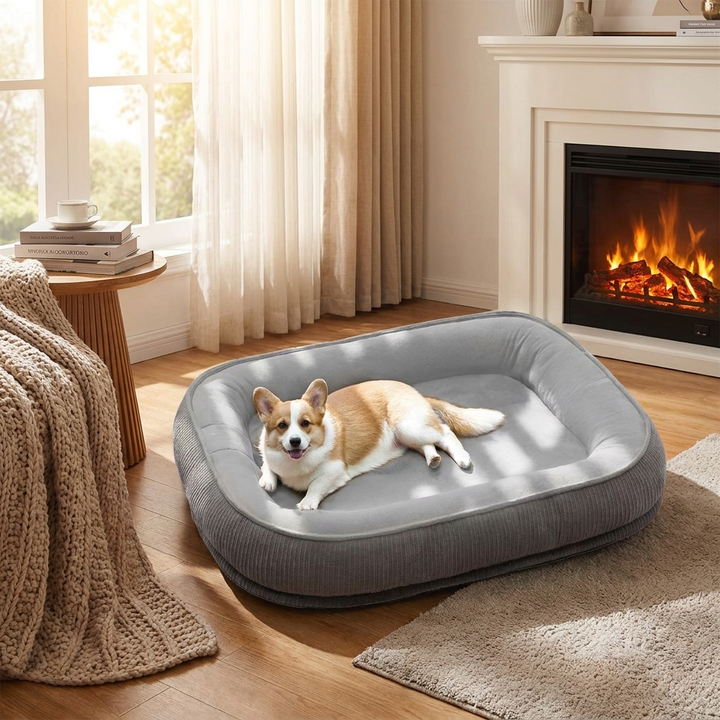 Durable, scratch-resistant dog bed in a suede feel for medium to large pets, providing comfort and support.