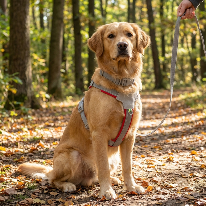 Red no-pull dog harness for comfortable walking & effective training. Adjustable, breathable pet vest for small to large dogs.