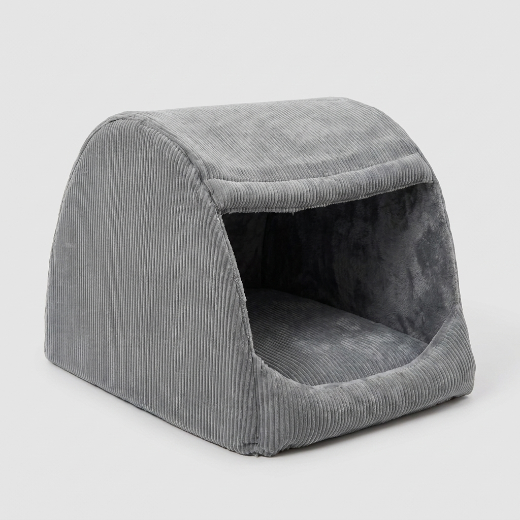 Detachable & washable flannel dog tent bed in gray. Cozy pet house provides warm comfort for large indoor dogs.