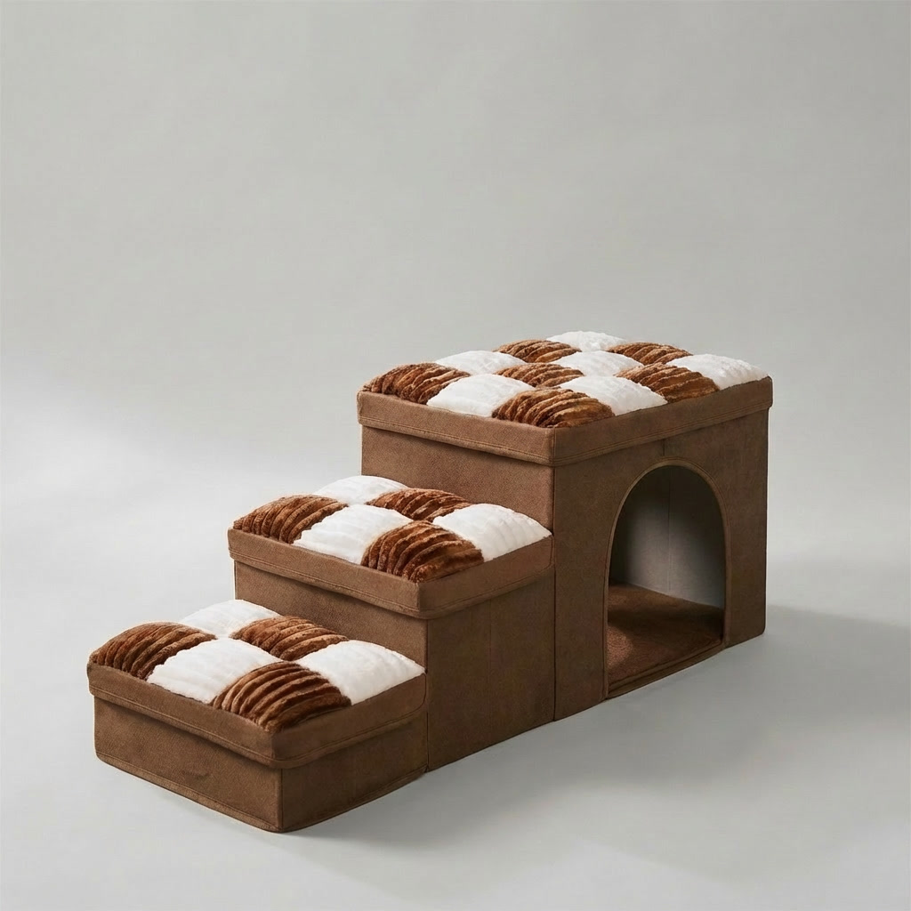 Foldable pet stairs & dog condo with storage. Chessboard design pet furniture for small dogs, seniors, joint support.