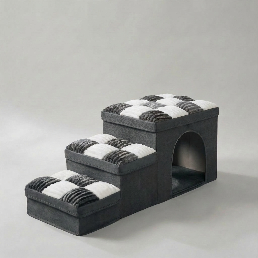 Stylish pet steps with hidden storage & cozy dog condo. Chessboard design dog stairs offer joint support for pets.