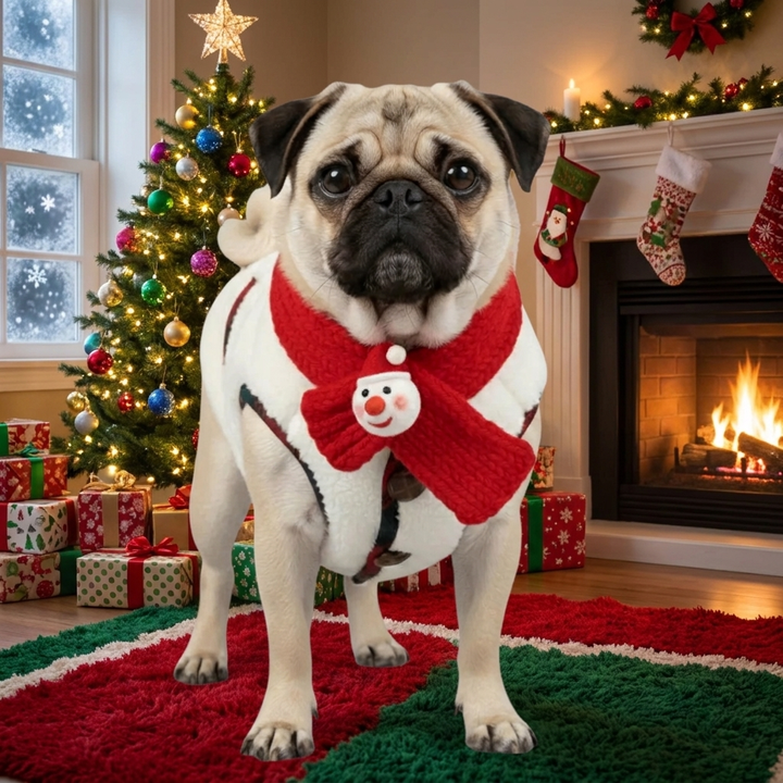 Cozy plaid winter dog jacket with matching scarf. Festive dog clothes for small or large dogs, perfect for holidays.