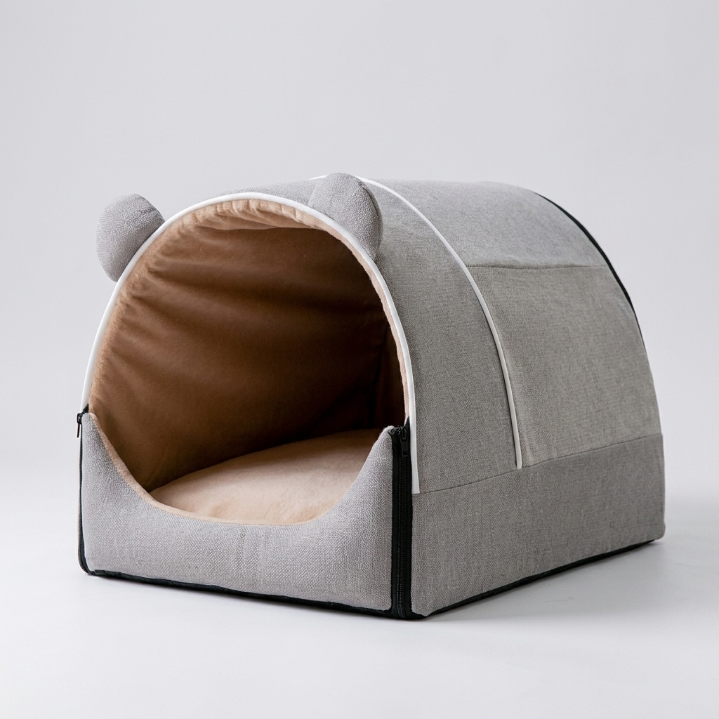 Cozy bear ears pet house bed for cats & dogs. Plush, removable, & washable for comfort. A warm dog bed or cat cave.