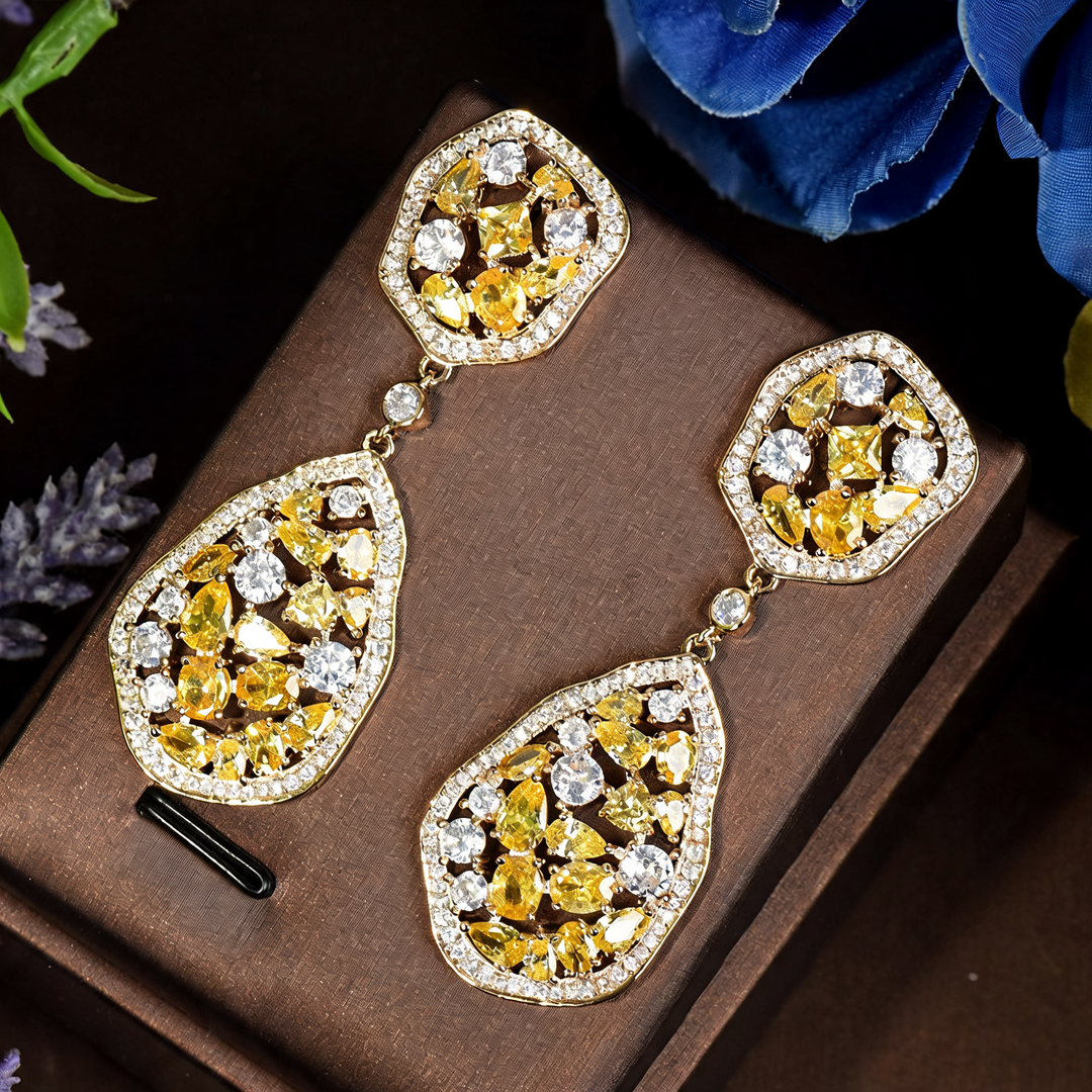 Luxurious women's drop earrings, sparkling with high-quality brilliance. Elegant fashion accessory.